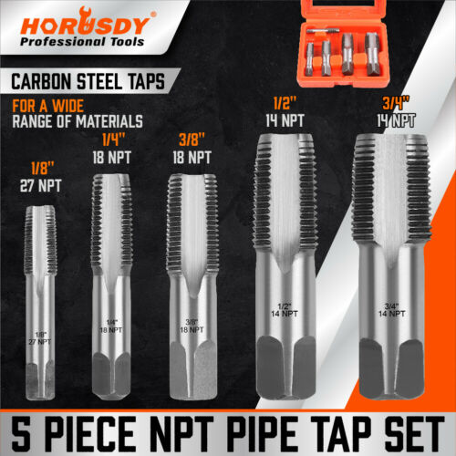 5 Pcs Npt Pipe Tap Set 1/8" 1/4" 3/8" 1/2" And 3/4" With Case Carbon Steel Inch