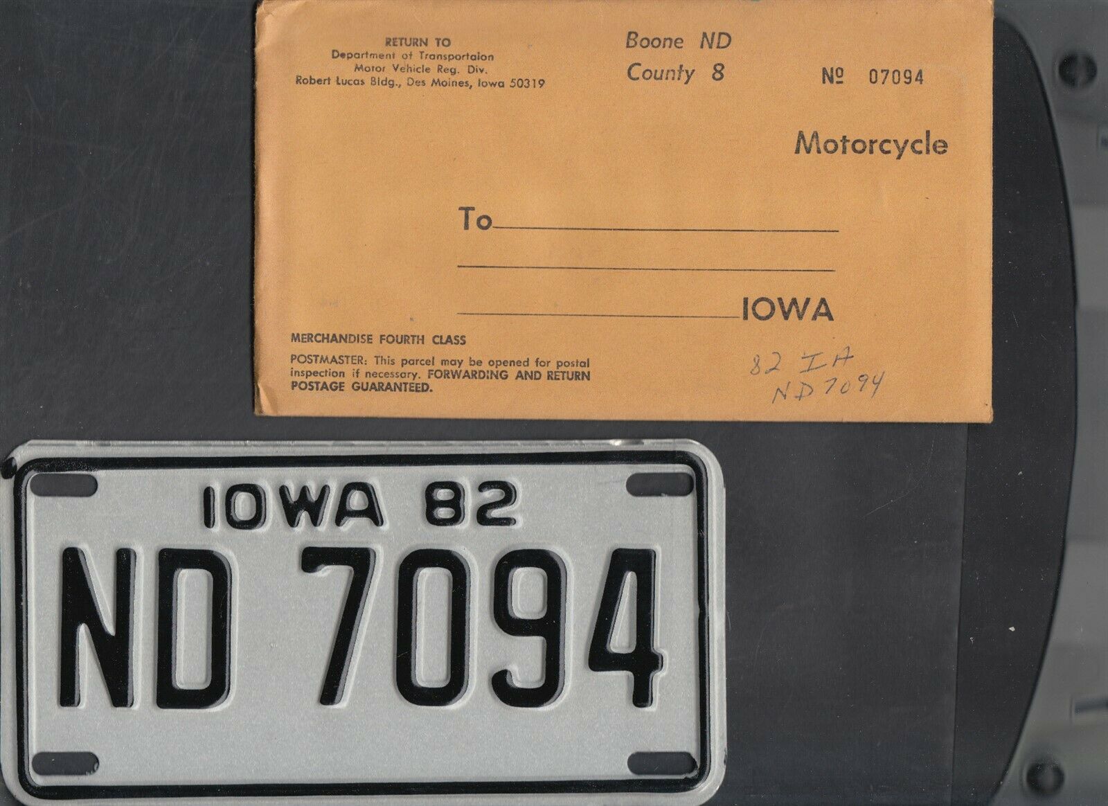 Iowa 1982license Plate "nd 7094" ***motorcycle***mint With Original Envelope***