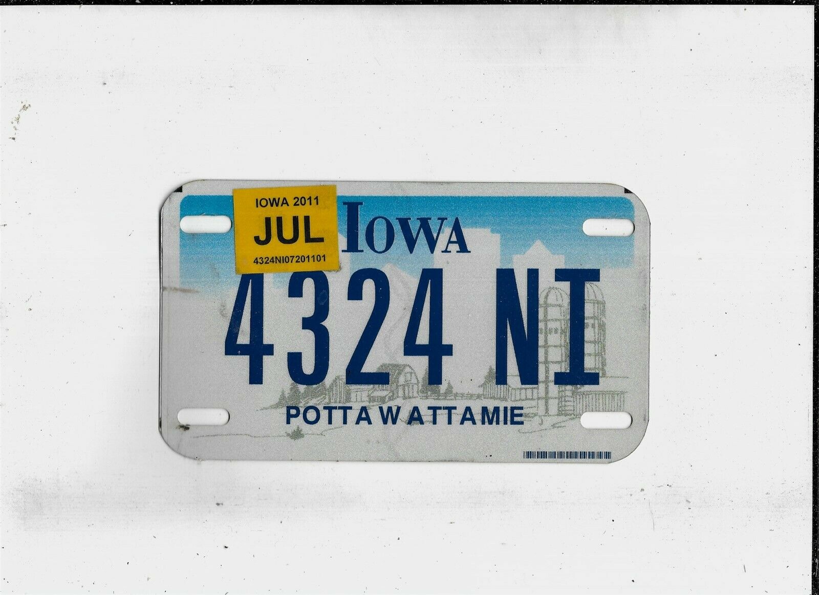 Iowa 2011 License Plate "4324 Ni" ***pottawattamie***motorcycle***