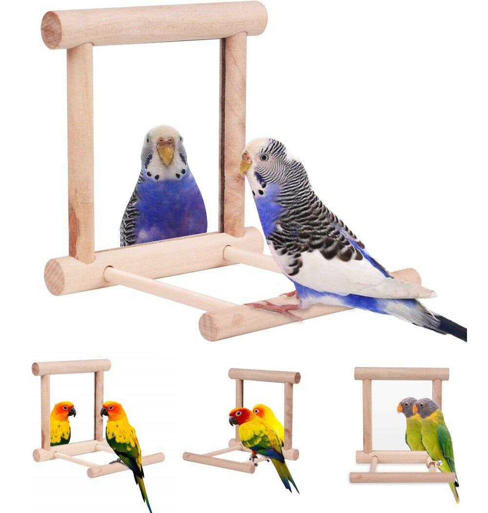 Bird Toy Cage Swing Chewing Wooden Mirror For Parrot Parakeet Conure Cockatiel