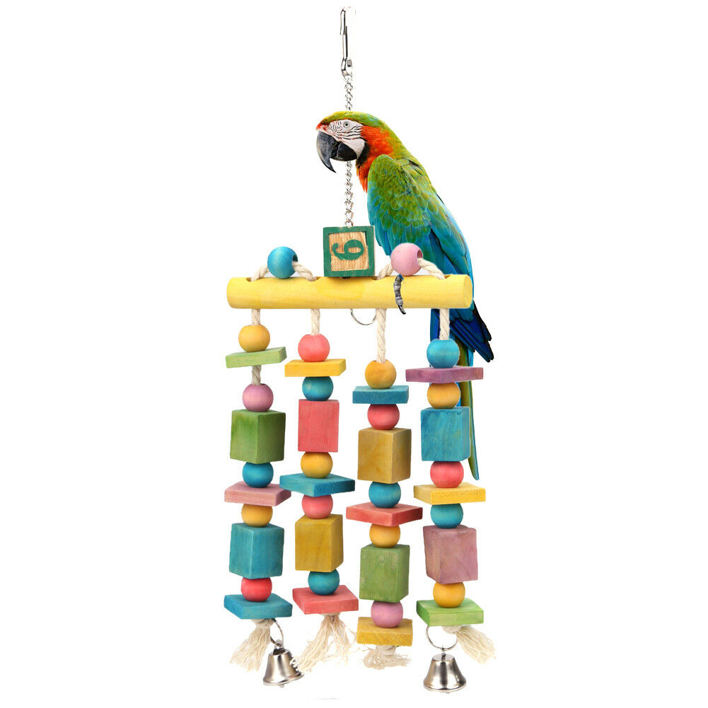 Colorful Parrot Pet Bird Macaw Hanging Chew Toy Bells Wood Blocks Swing Toy Kit
