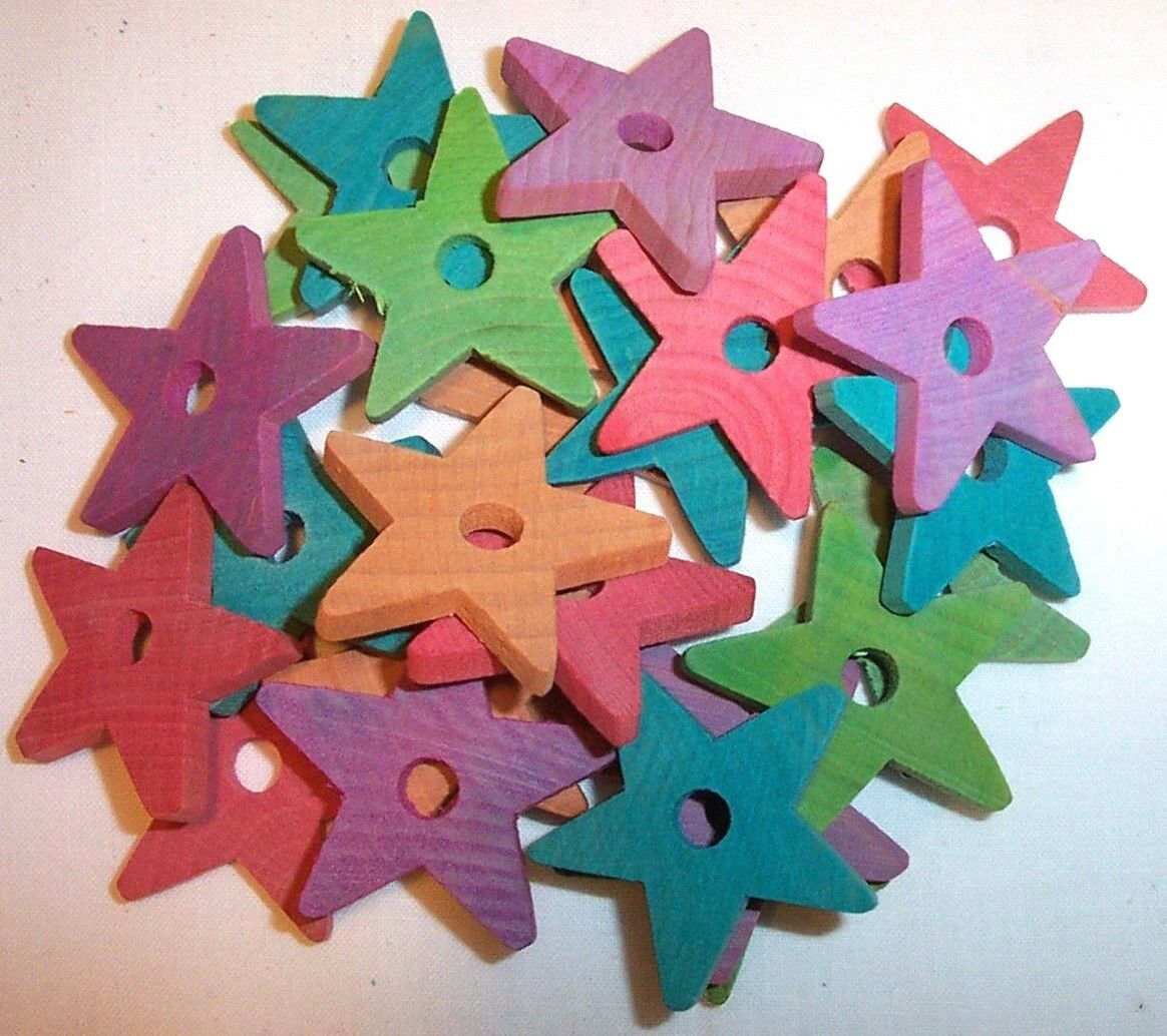 25 Bird Toy Parts Colored Wood 1-1/2" Stars Wooden Parrot Toy Craft Bead W/ Hole