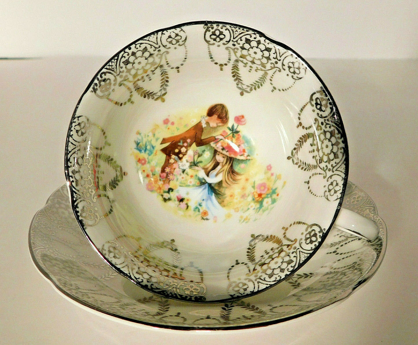 Royal Grafton Boy & Girl Bone China Cup And Saucer With Silver Trim Scarce