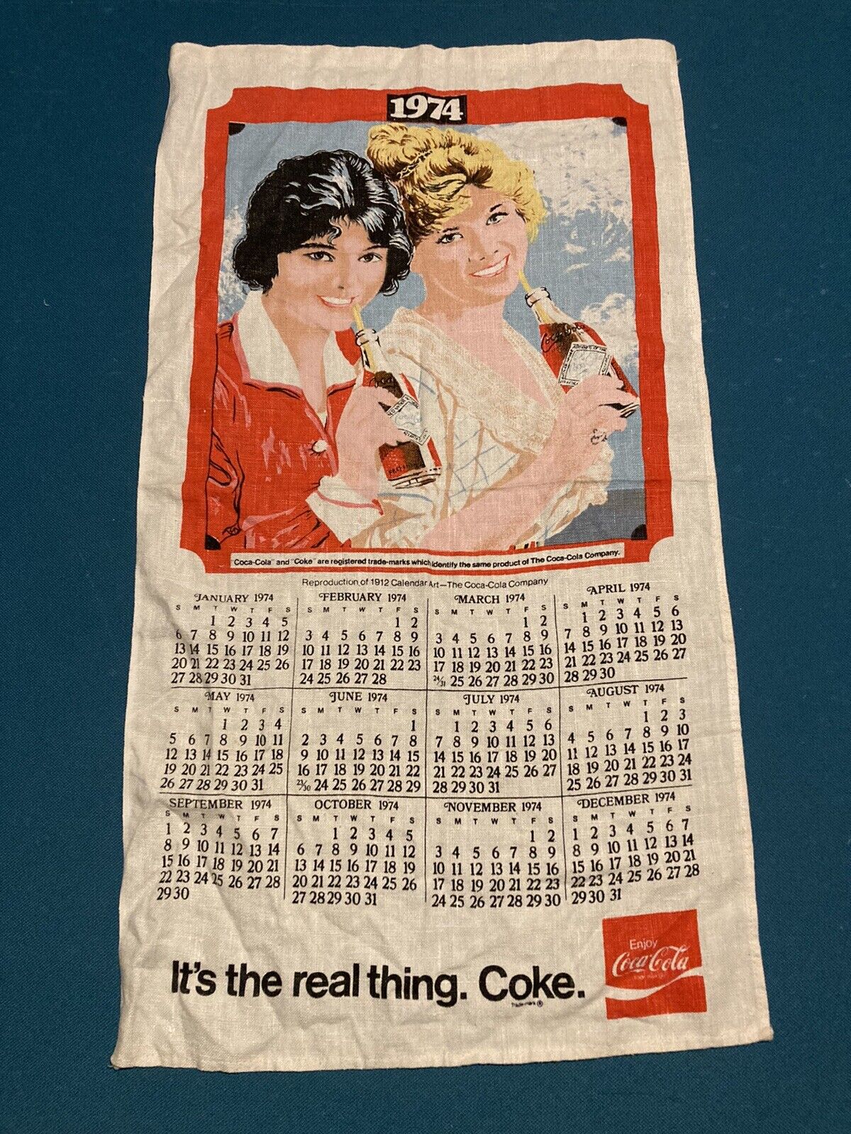 Vintage Coca Cola Coke Fabric Calendar 1974